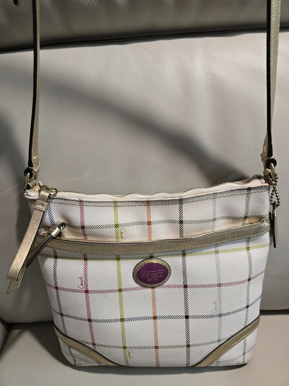 Coach EUC Tattersall White Multicolored Plaid Crossbody Bag with Gold Strap 11.5